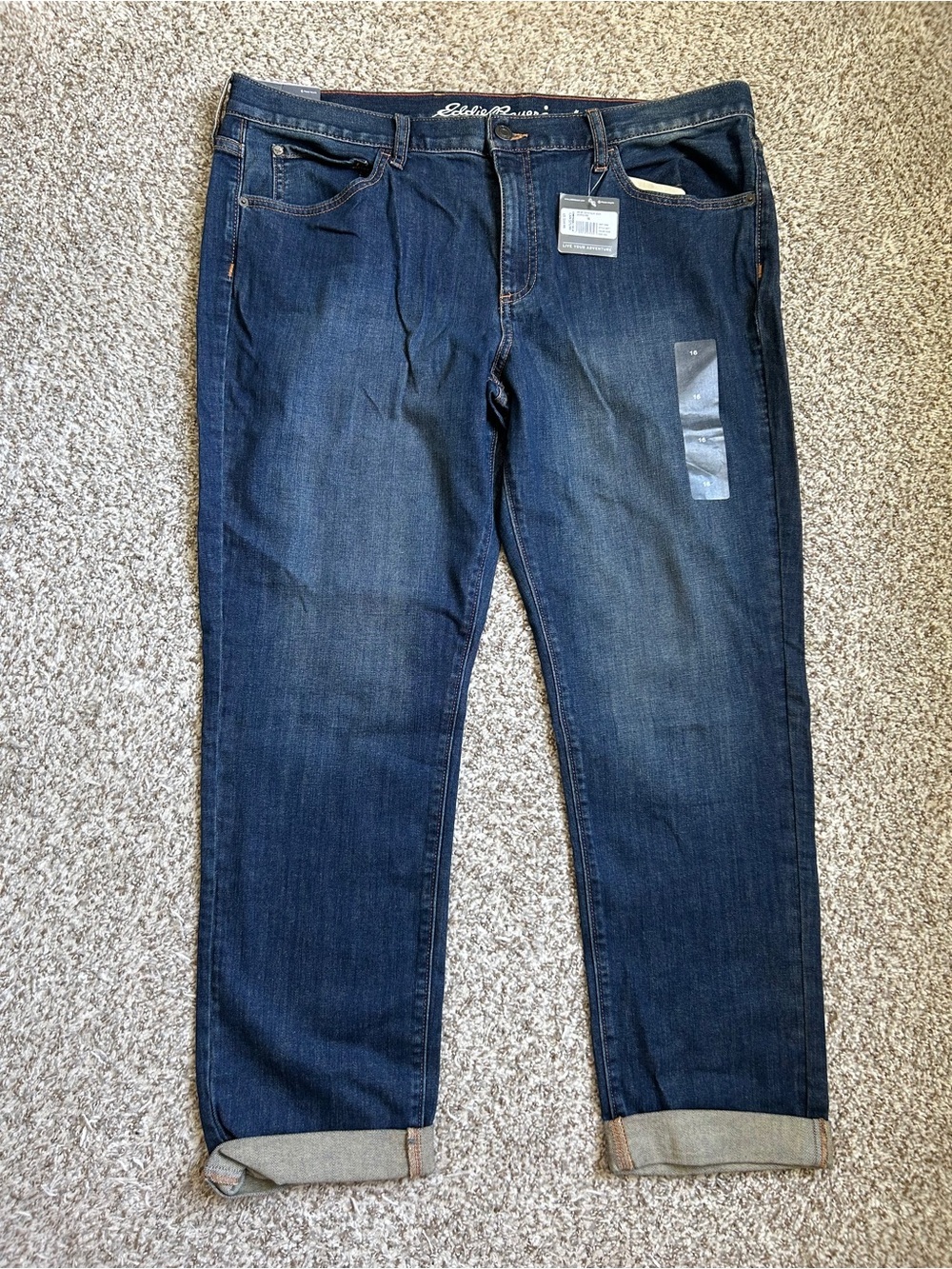 NWT Eddie Bauer Boyfriend Tapered Slim Jean Dark Wash Denim Casual Comfy 16